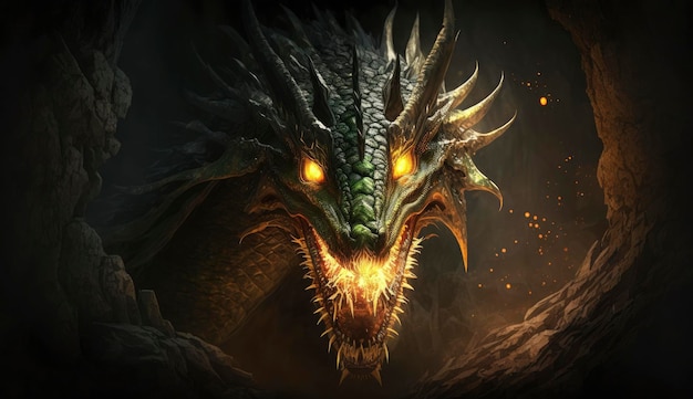 Huge medieval dragon with glowing green eyes and flames in a dark cave Mythical creature Concept art of the dragon head in the Gothic style Generate Ai