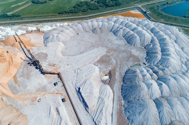 A huge mound of potassium salt Warehousing of rocks with the help of a spreader