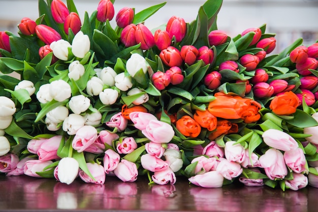 A huge multicolor bouquet of tulips lay on table. A bright background of spring flower blossoms. Floristics and holiday preparation. Floral design concept