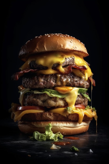 Huge multilevel burger low key photo AI Generative