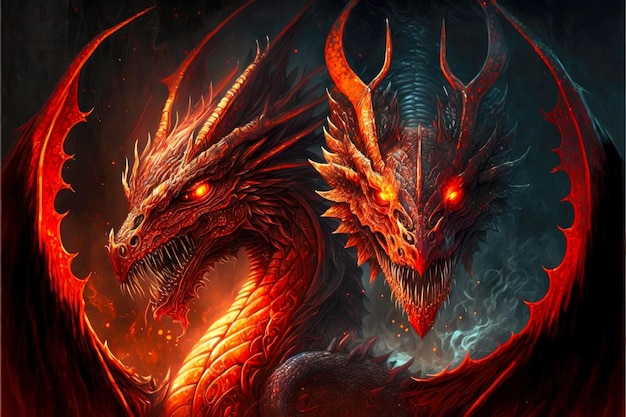 Huge mystical red dragons with wings and fiery breath