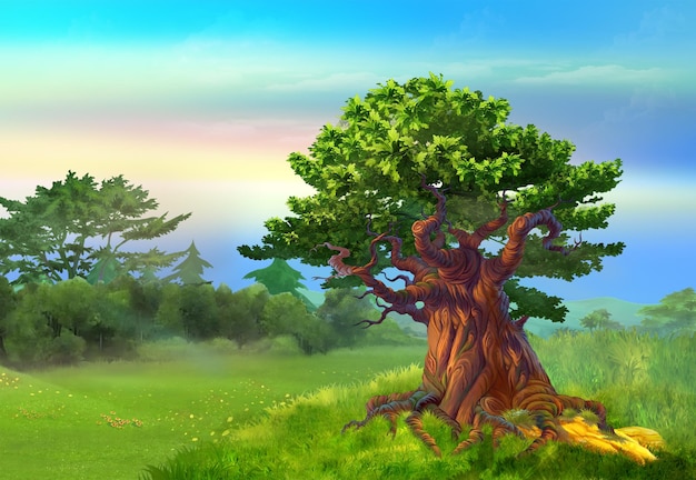 Huge oak tree in a forest clearing on a summer morning Digital Painting Background Illustration