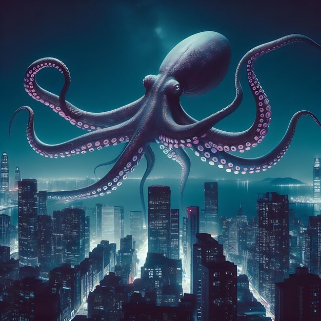 Photo huge octopus floating in cyberpunk city