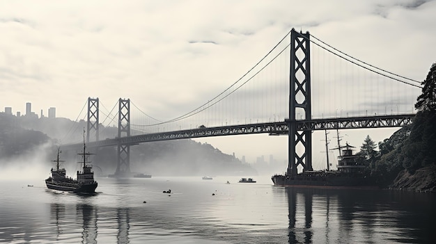 huge old Bay Bridge in vintage black and white photo style