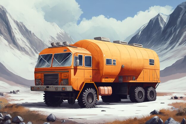 Huge orange vehicle outfitted for arduous journeys into the wilderness housing equipped pickup