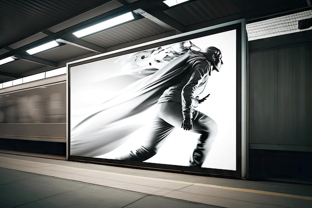Photo huge panel with image of person in movement at stop billboard mockup generative ai