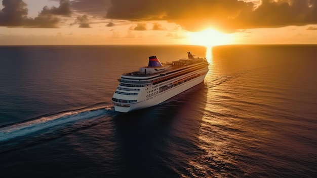 A huge passenger liner sails towards the setting sun