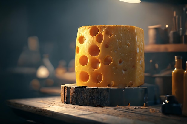 A huge piece of cheese with holes in a cheese factory Generative AI