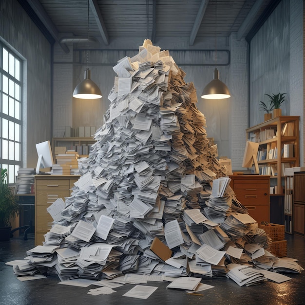 Huge pile of paper documents in the office