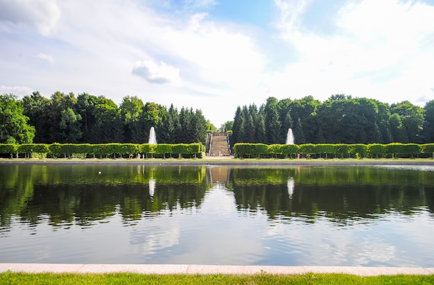 Huge pond in the park of Peterhof.