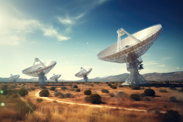 거대한 라디오 망원경이 바로 하늘을 향해 향하고 있습니다. 인공지능이 생성한 외계 행성의 배경에 있는 라디오 스의 실루입니다.