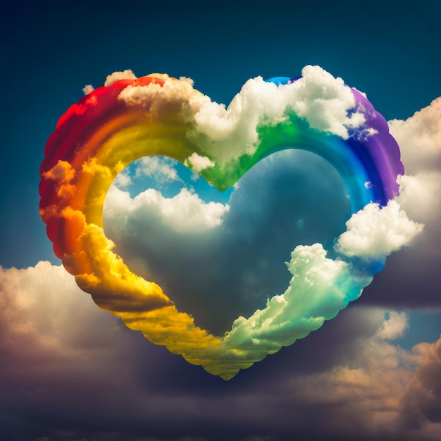 Enorme cuore arcobaleno nel cielo con nuvole bianche immagine simbolica dell'amore immagine generativa ai