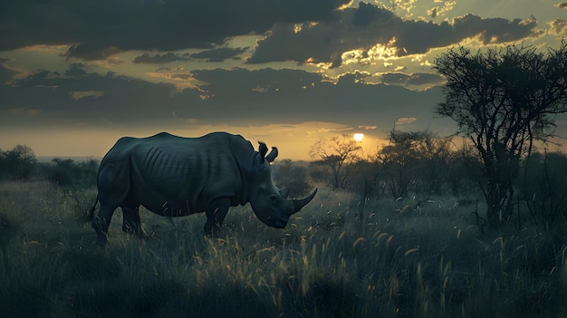 Foto un enorme rinoceronte nella savana alla luce del tramonto ad alta risoluzione