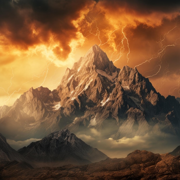 거대한 바위 산 들 이 격렬 한 폭풍 을 겪고 있다