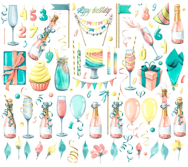 A huge set of objects on the theme of a HAPPY BIRTHDAY as well as any holiday with champagne glasses gifts sweets decorations balloons lettering and candles Watercolor illustration