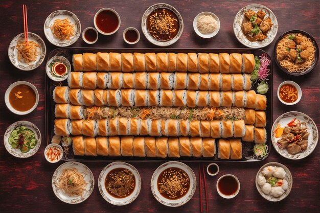 Photo a huge set of rolls and various asian snacks are laid out on the table