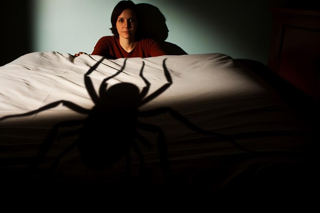 Photo a huge shadow from a bed bug falls on the bed at night concept of having bed bugs indoors