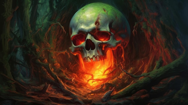 A huge skull with fire in its eye sockets