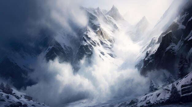 Photo huge snow avalanche at a ski resort in the mountains