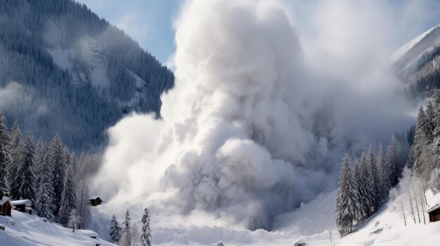 Huge snow avalanche at a ski resort in the mountains