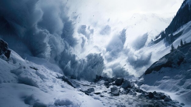 Huge snow avalanche at a ski resort in the mountains
