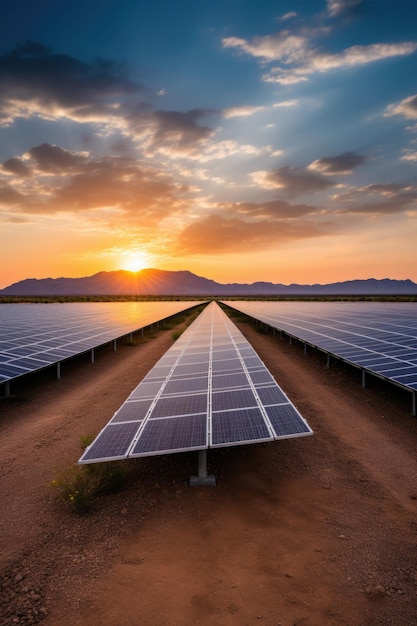 Foto l'enorme fattoria di pannelli solari è uno dei tipi di energia verde pulita e rinnovabile all'alba sullo sfondo