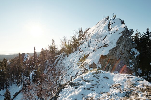 Huge stone covered with snow on top of rocky mountain surrounded by trees of mixed forest against blue sky with sunshine on winter day