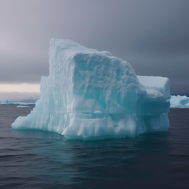 A huge transparent block of ice stands around the top of the iceberg and the wind blows cold generat ai