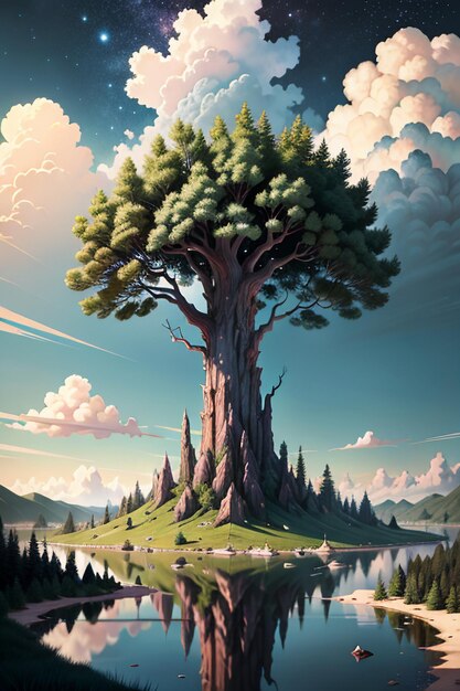 A huge tree island in the middle of the river at the foot of the mountain wallpaper background