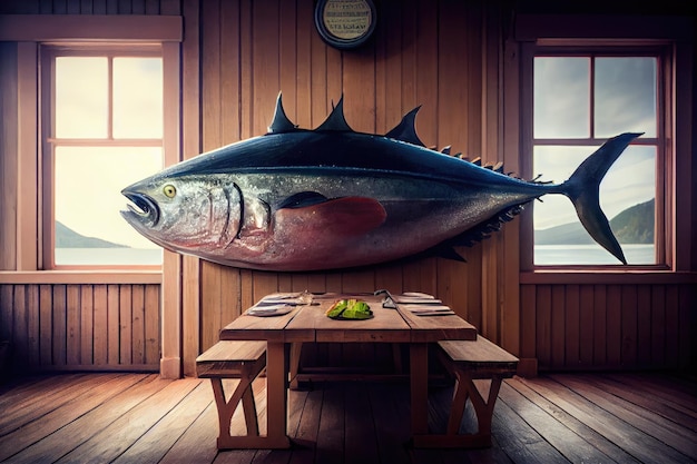 Огромный тунец лежит на деревянном столе в ресторане у окна