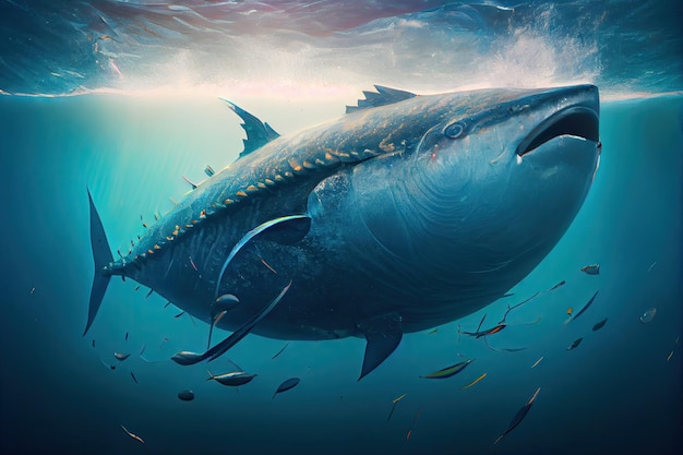 Huge tuna with scales and fins floating on surface of sea