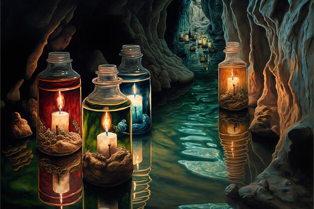 a huge underground landscape, many tunnels and rivers, candles