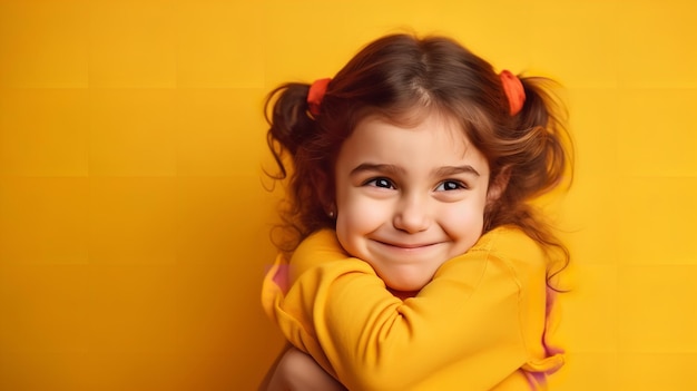 Huge valentine's day hug adorable girl grasping herself in a yellow backdrop generative ai