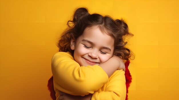 Huge valentine's day hug adorable girl grasping herself in a yellow backdrop generative ai