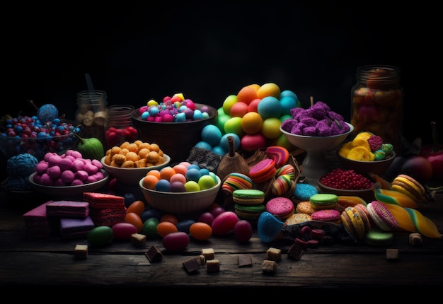 A huge variety of bright sweets to choose from Desserts and candies in the bowls and on the wooden table Sweet tooth concept Generative AI