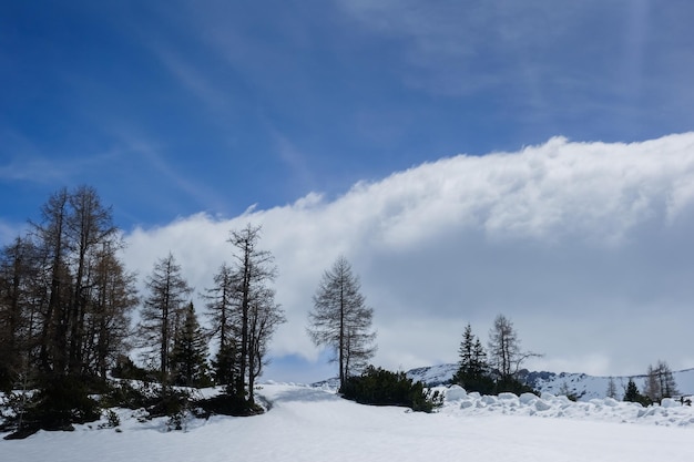 huge wall of white clouds on blue sky in a snowy landscape