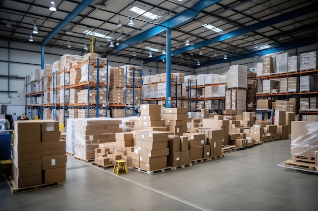 整然と積み上げられた箱で満たされた巨大な倉庫 現代の倉庫の内部 商品の物流を保管および移動するための広いスペース 現代世界の貿易