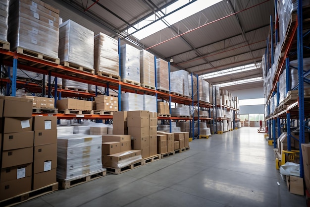 A huge warehouse filled with neatly stacked boxes Interior of a modern warehouse Large space for storing and moving goods logistics Trade in the modern world