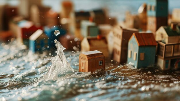 Photo a huge wave comes from back washes away a toy town made of wooden blocks