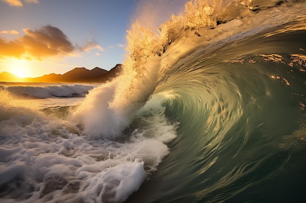 Foto un'enorme onda che si schianta sulla spiaggia al tramonto