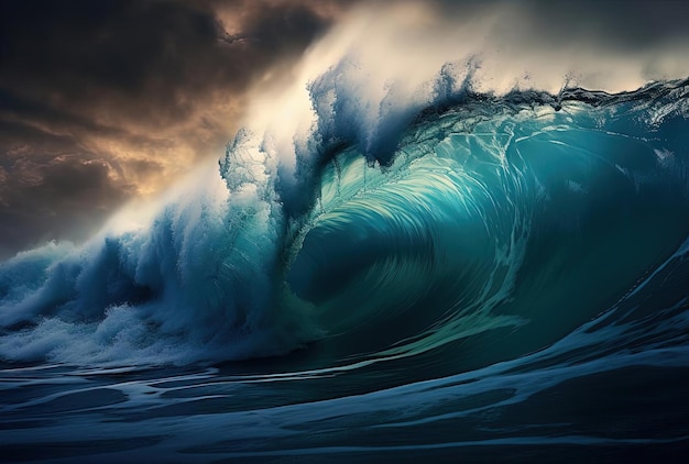 Huge wave at sea with waves breaking in the style of surrealistic fantasy landscapes
