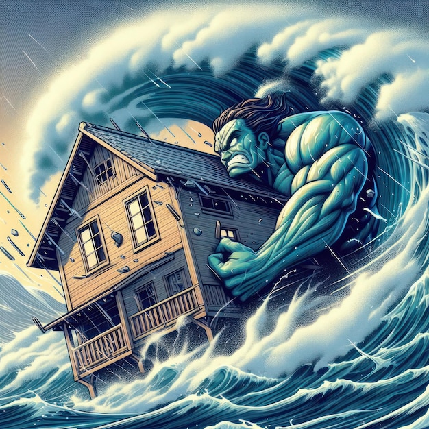 Photo a huge wave that destroys the house abstraction