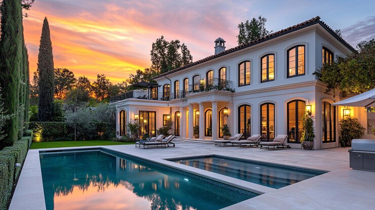 Photo a huge white mansion with big french windows and a green pool with an artistic garden
