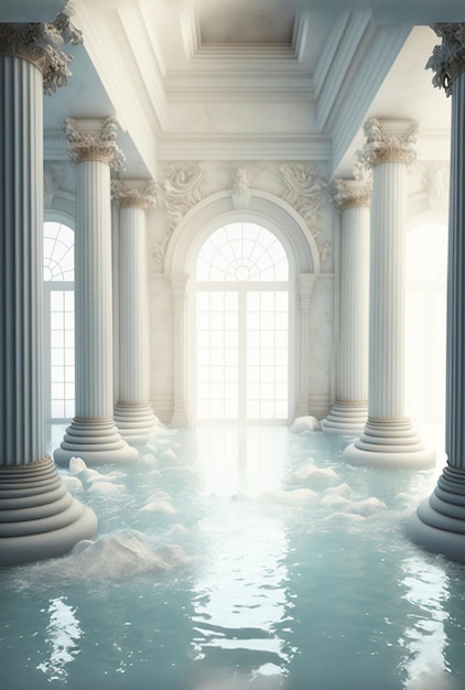 Huge white pillared hall flooded with water