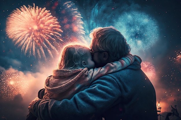 Hugging happiness family while fireworks coloring the sky