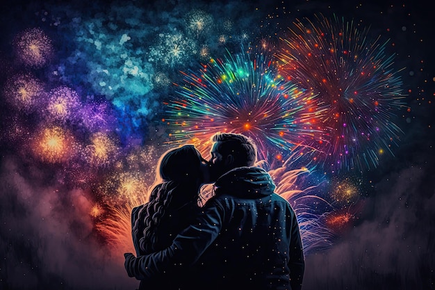 Hugging happiness young couple while fireworks coloring the sky