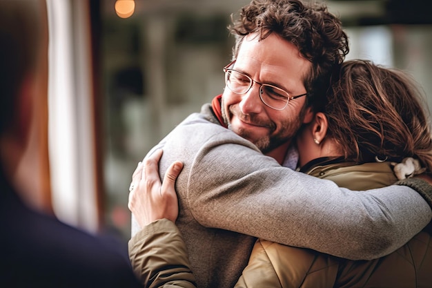 Photo hugs day man and a woman hugging each other in a warm embrace