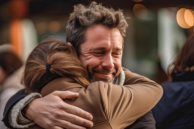 Photo hugs day man and a woman hugging each other in a warm embrace