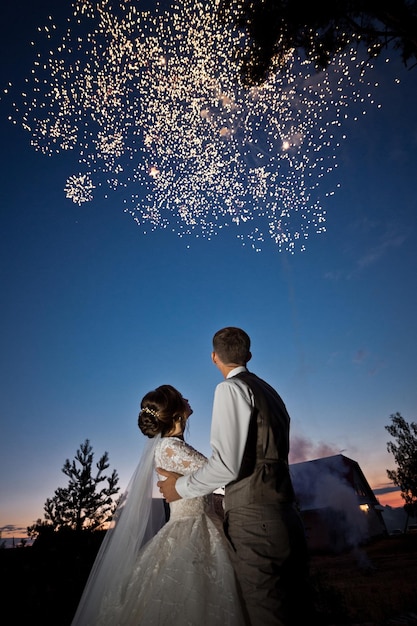Hugs of newlyweds against the background of evening fireworks 2791