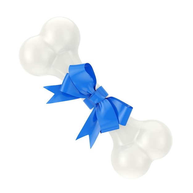 Huidige hond kauwbot verpakt in blauw cadeau lint op een witte achtergrond. 3D-rendering